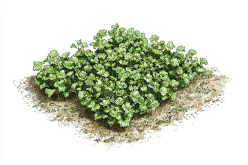 Obraz premium A lush cluster of green herbs growing on a patch of soil, showcasing the vibrant foliage and healthy growth of the plants.
