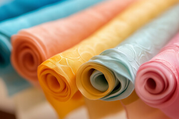 Rows of colorful, rolled textile fabrics in shot