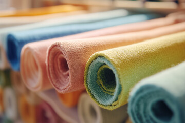 Colorful fabric rolls tightly packed in a row