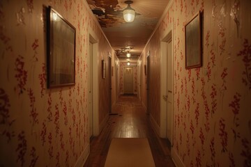 A long hallway with a floral wallpaper and a few pictures on the walls