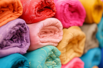 Vivid rolled fabrics displayed in a colorful arrangement