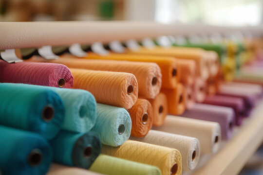 Vibrant threads and textiles lined up on shelves