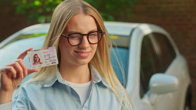 Caucasian confident woman wink smile achievement driver license document female girl owner driving school car showing happy education student auto transportation beginnings certificate insurance enjoy - Powered by Adobe