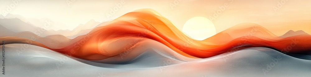 Poster abstract landscape with flowing waves and a setting sun.