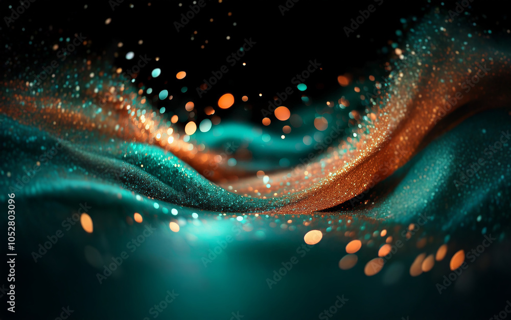 Aufkleber abstract digital art with flowing teal and orange waves and bokeh lights against a black background.