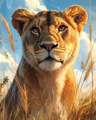 Majestic lioness staring fiercely across golden grasslands
