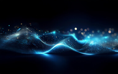 An abstract image of a blue and white wave glowing in a dark background, with bokeh in the distance.
