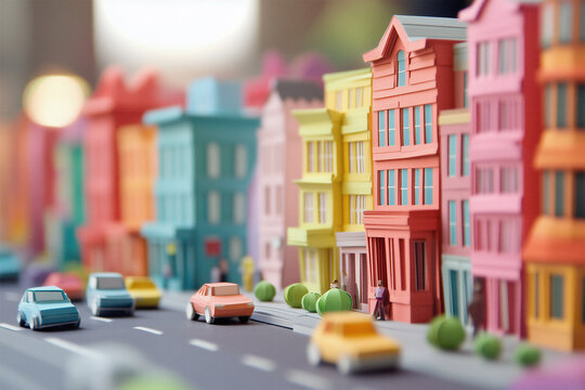 Miniature colorful street with cars and vibrant buildings