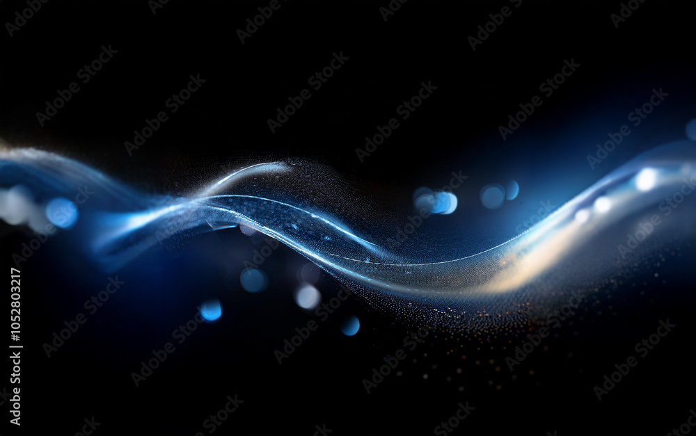 Poster Abstract blue and white glowing wave on a dark background with bokeh effect.