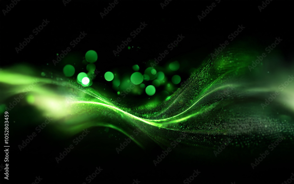 Poster abstract green glowing wave with bokeh lights in the background