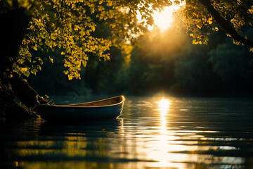 Serene sunset scene with a canoe on a calm river