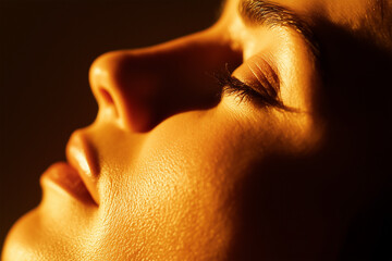 Close-up of a Woman Relaxing, Eyes Closed in Warm Light
