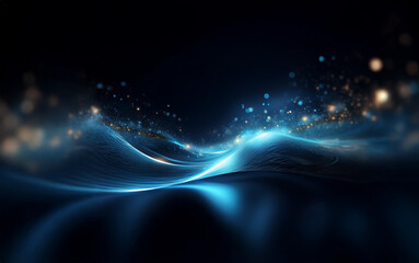 Fototapeta premium Abstract glowing blue waves with scattered light on a black background.