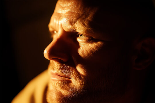 Close-up portrait of a contemplative man in golden light