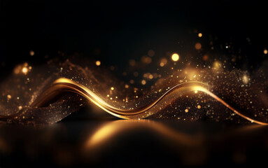 Fototapeta premium A shimmering golden wave curves across a dark, sparkling background.