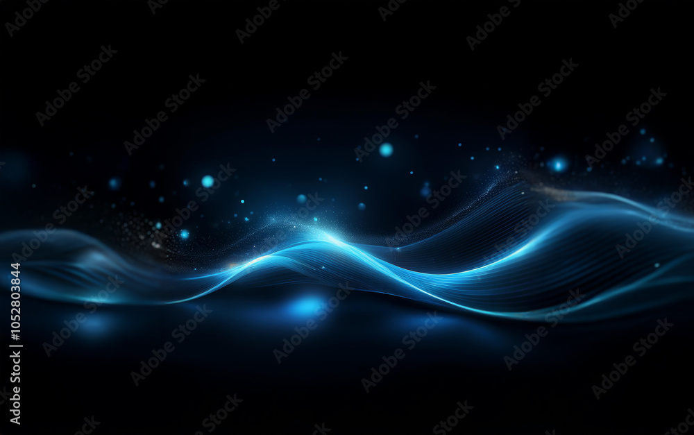 Poster an abstract image of a blue wave glowing against a black background with scattered particles of ligh