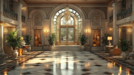 Fototapeta premium Elegant lobby with marble floors, chandeliers, and lush plants.