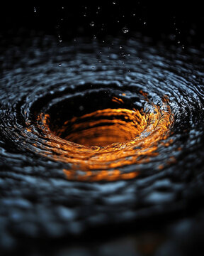 Orange glow illuminates water as it swirls into darkness