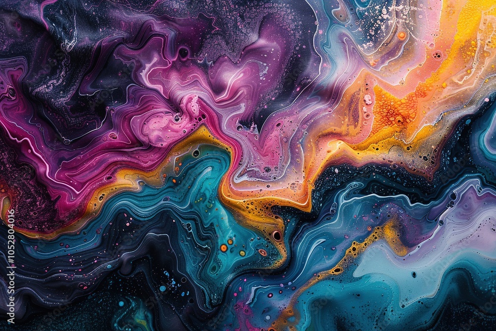 Poster a vibrant abstract swirl of colors blending in fluid patterns, evoking creativity and emotion.