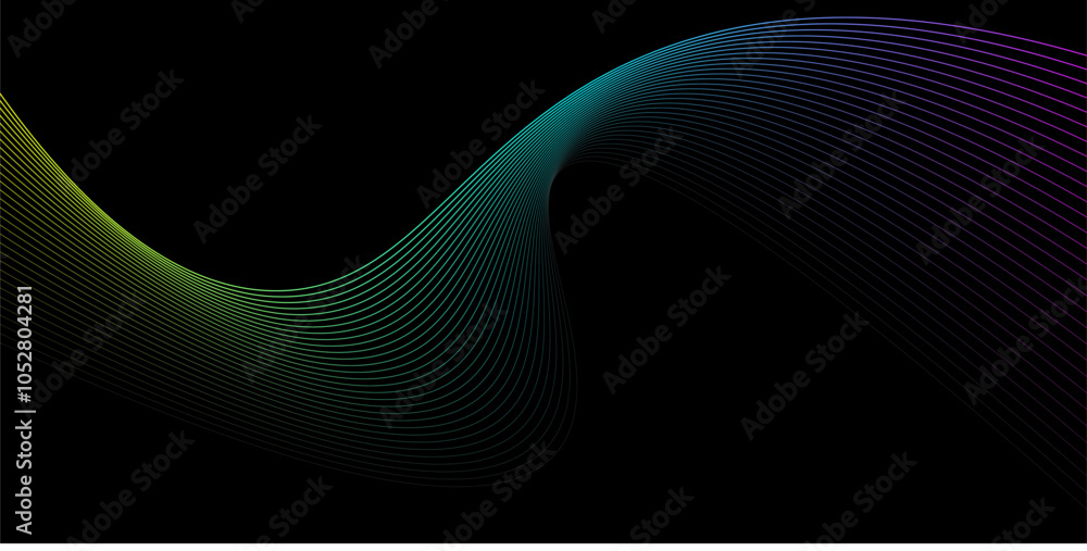 Poster colorful wave pattern design with smooth lines and curves on a dark background