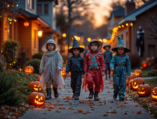 Children dressed in costumes trick-or-treating in a suburban neighborhood