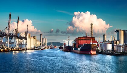 Cargo Ship Docks at Busy Harbor