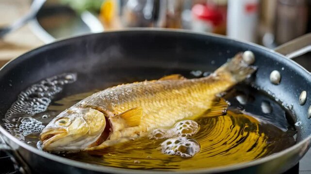 A fish frying in a pan, emitting steam and bubbles in a kitchen setting.
