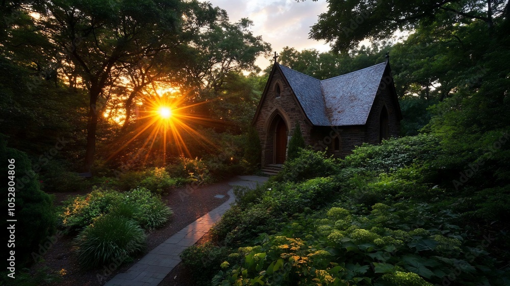 Poster a small stone chapel sits in a lush forest, bathed in the golden glow of a setting sun. the path lea