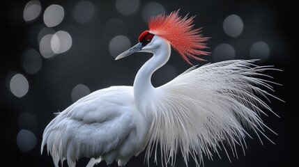 A striking white crane with vibrant red feathers and elegant plumage.