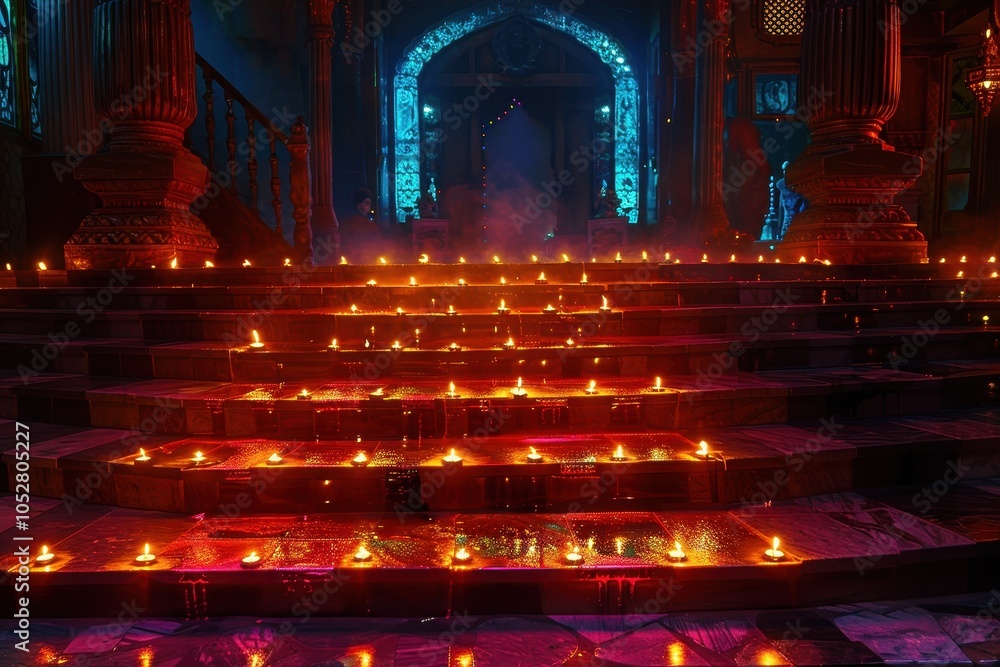 Poster a staircase is lit up with candles, creating a warm and inviting atmosphere