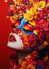 A striking fusion of color and beauty, the artwork features a vibrant face adorned with a floral crown, showcasing an intricate blend of blues and reds against a bold backdrop.