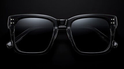 Black square sunglasses on a black background.