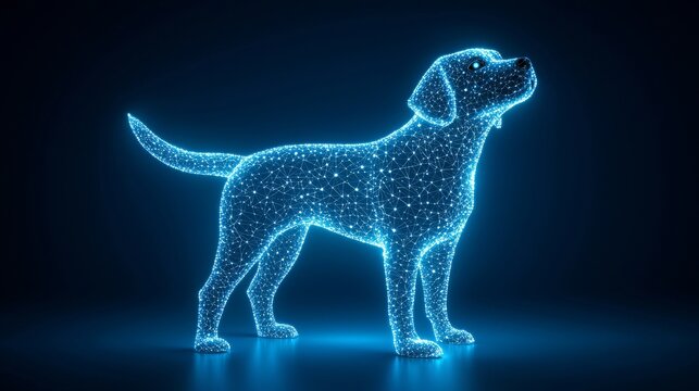 The image depicts a dog with glowing geometric patterns against a dark background. - Powered by Adobe
