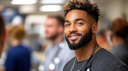 Obraz premium Close-up Portrait of a Smiling Man with a Beard and a Stethoscope Around His Neck
