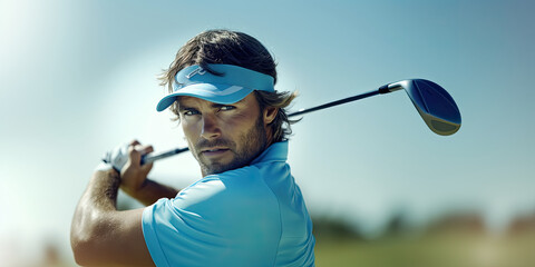 Close-up of a golfer in light blue polo shirt and visor executing a shot