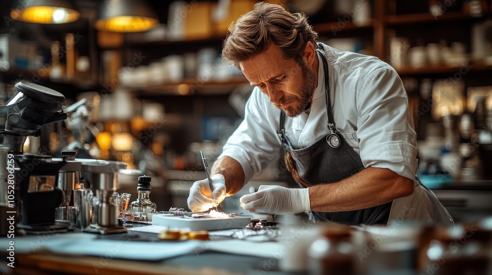 Poster a man in a white coat and apron working with a microscope and tools