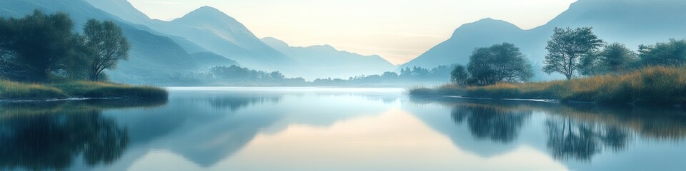 Fototapeta premium Serene landscape with mountains and calm water at dawn.