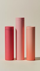 Three cylindrical containers in pink, light pink and peach tones with a gradient effect, standing in a row on a beige background.