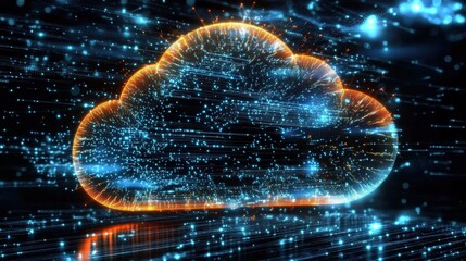 Futuristic Cloud Computing Concept with Digital Data Network in a Neon Glow, 3D Technology Visualization, Cybersecurity, and Big Data Network Integration