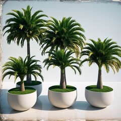 Obraz premium Four potted palm trees on a reflective white surface outdoors
