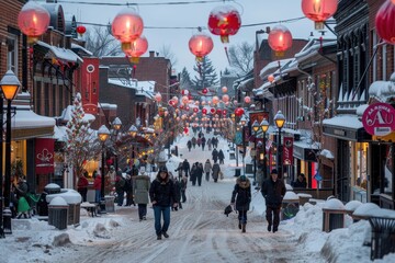 Obraz premium A snowy street with people walking and a sign for a restaurant