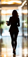 A woman in a sleek black suit walks confidently through a modern office corridor, holding a tablet, embodying professionalism and determination in a dynamic work environment.