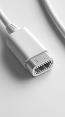 Fototapeta premium Close-up of a white HDMI cable connector on a white background.