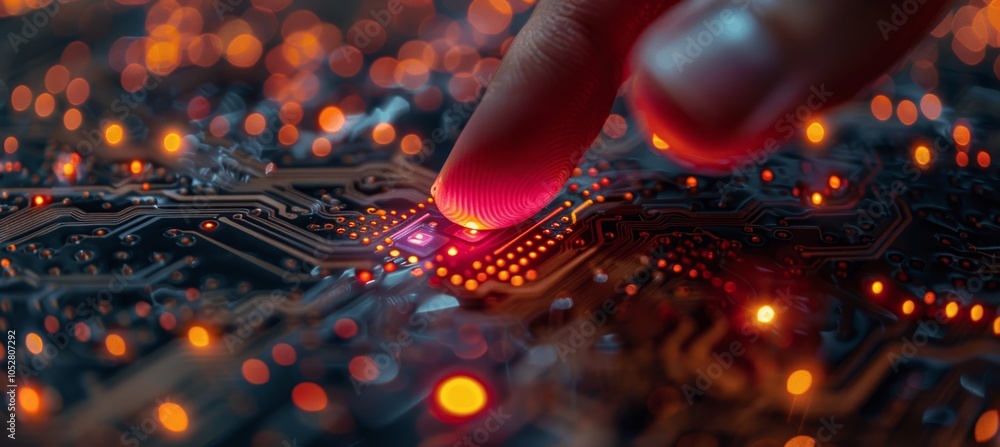 Poster finger touching micro-patterned circuit board with glowing data