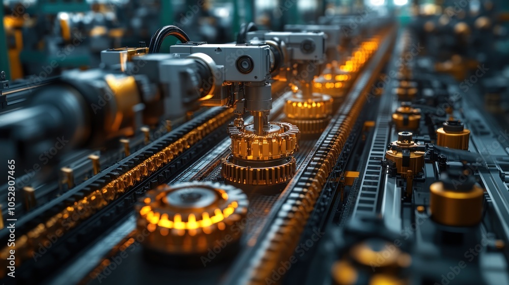 Poster automated machinery assembling gears on a production line.