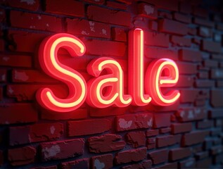 Glowing Neon SALE Sign in Supermarket Bright Red Light Illuminating Shopping Aisles at Night