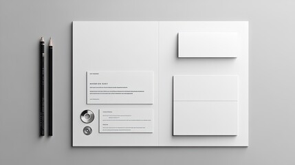 Blank stationery mockup with two pencils, a business card, a folder and a round paperweight on a grey background.