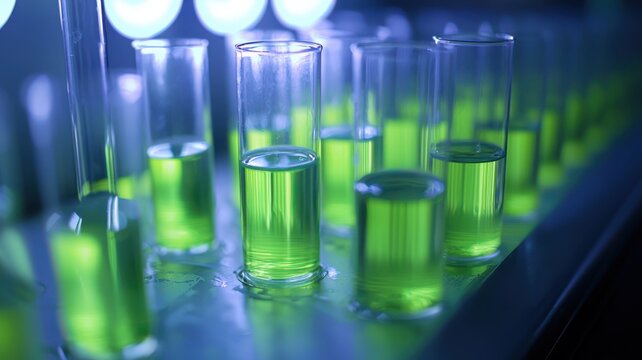 Test tubes filled with fluorescent green liquid under a blue light.