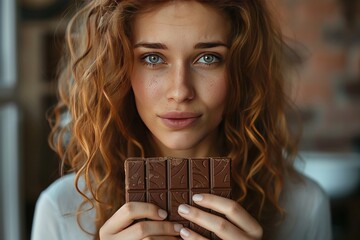 A young woman with curly hair holding a chocolate bar, gazing at the camera.