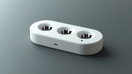 White three-outlet power strip on a grey surface.